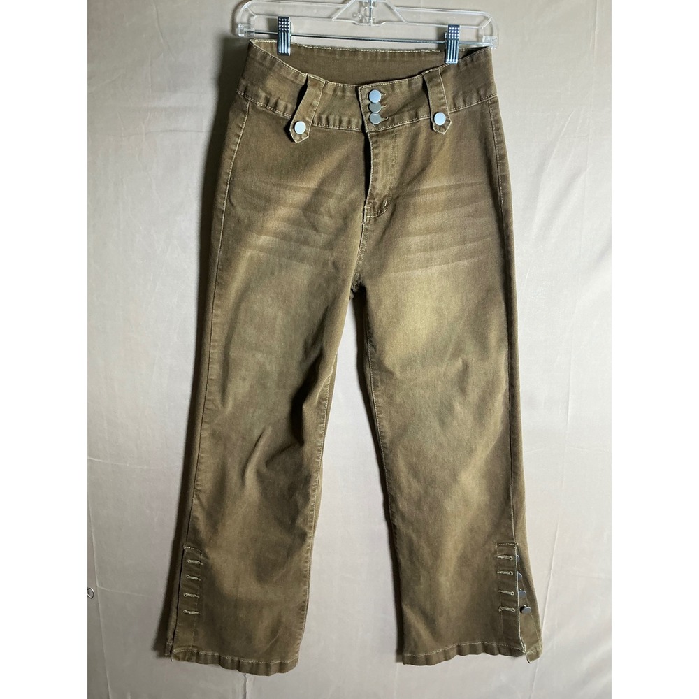 Fashion Brown Wide Leg Cropped Pants Button Hem YB3169 Womens Size Large NEW